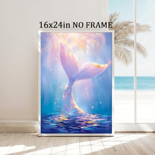 Coastal Beach Wall Art Mermaid Tail Artwork Blue Ocean Prints Trendy Girl Posters Ocean Life Pictures Summer Beach Paintings Trendy Funky Posters Aesthetic Summer Pictures for Room 16x24in Frameless - color: E2Unframed