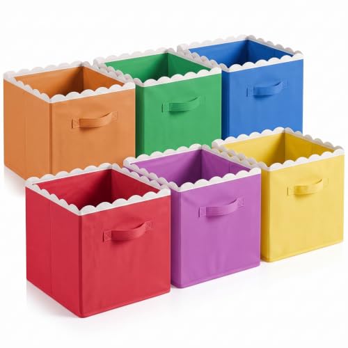 Yalikop 6 Pcs Rainbow Scalloped Cube Storage Bins 11 Inch Fabric Storage Basket with Handle Collapsible Clothes Closet Organizer Bin for Classroom Books Toy Box Nursery School Organizing - color: Rainbow