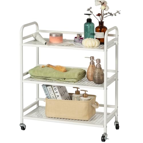 HDANI 3 Tier Metal Rolling Heavy Cart Supports 40 Lbs Per Tier,Mesh Rolling Cart with 2 Lockable Wheels for Office,Home,Bedroom,Kitchen,Bathroom(White) - color: White, size: Large Mesh
