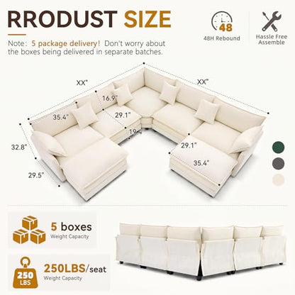 110" Modular Sectional Cloud Sofa Couch V Shape with 2 Ottoman, Beige | 3 Layer Cushion, 6 Washable Pillows, 29" Deep Seat, Chenille Fabric, for Living Room Apartment - color: Beige, size: 110"V-2