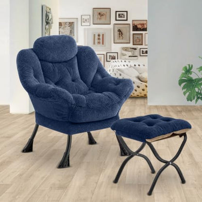 Lazy Chair with Folding Ottoman,Leisure Sofa Chair,Soft Fabric Armchair with Armrests and Side Pockets, Reading Chair with Footrest for Living Room, Bedroom, Office (Plush Navy) - color: Plush Navy