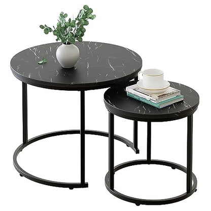 aboxoo Round Nesting Coffee Table Side Set of 2 End Tables for Living Room Bedroom Balcony,Black Faux Marble Wooden Table 23.6IN Accent Large Coffee Table with Steel Frame - color: Black Marble