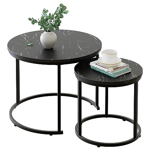 aboxoo Round Nesting Coffee Table Side Set of 2 End Tables for Living Room Bedroom Balcony,Black Faux Marble Wooden Table 23.6IN Accent Large Coffee Table with Steel Frame - color: Black Marble