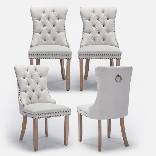 Linen Upholstered Dining Chairs Set of 4, Modern Style Kitchen Side Chairs with Nailhead Trim and Wood Leg, Metal Pulling Ring for Dining Room Living Room(Beige,Set of 4) - color: Beige-linen, size: Set of 4