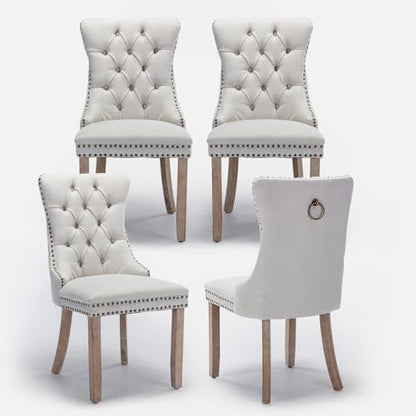 Linen Upholstered Dining Chairs Set of 4, Modern Style Kitchen Side Chairs with Nailhead Trim and Wood Leg, Metal Pulling Ring for Dining Room Living Room(Beige,Set of 4) - color: Beige-linen, size: Set of 4