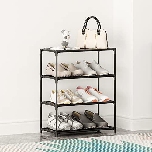 Small Shoe Rack 6-8 Pairs Sturdy Shoe Shelf 4-Tiers Narrow Stackable Shoe Organizer,Lightweight Kids Shoe Racks for Entryway, Doorway and Closet（Black） - size: 4-Black