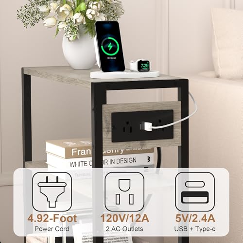 Small Narrow Side Table with Charging Station, Skinny End Table for Small Spaces, Slim Nightstand with Outlets, Sofa Bedside Table in Living Room, Bedroom, Kitchen and Balcony (Greige) - color: Greige