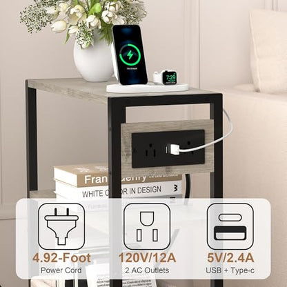 Small Narrow Side Table with Charging Station, Skinny End Table for Small Spaces, Slim Nightstand with Outlets, Sofa Bedside Table in Living Room, Bedroom, Kitchen and Balcony (Greige) - color: Greige