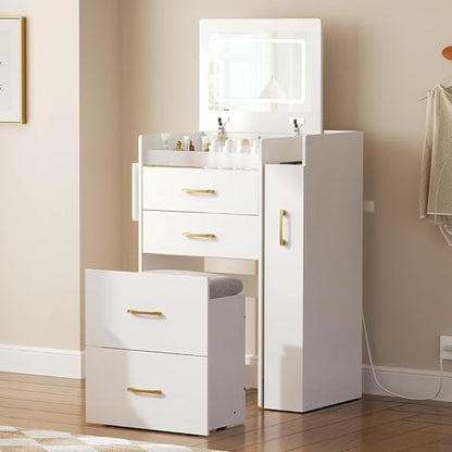 Herture 3 in 1 Vanity Desk with Flip Top Mirror, Comapct Vanity | Small Vanity with Lights,Outlets,Side Cabinet,Collapsible Desk Panel,Storage Hidden Stool,Makeup Vanity Table White PT01DTW - color: White