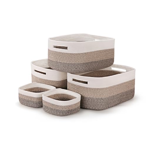 5-Pack Large Woven Rope Storage Baskets, 2 Sizes Organizer Bins | Fabric Cube Boxes and Rectangular Shallow Bins for Closet, Shelf, Bookshelf, Nursery, Changing Table, Bathroom, Toys & Home - color: gradient brown, size: 3pcs-16.92*12.99*7.08'' & 2pcs-7.0