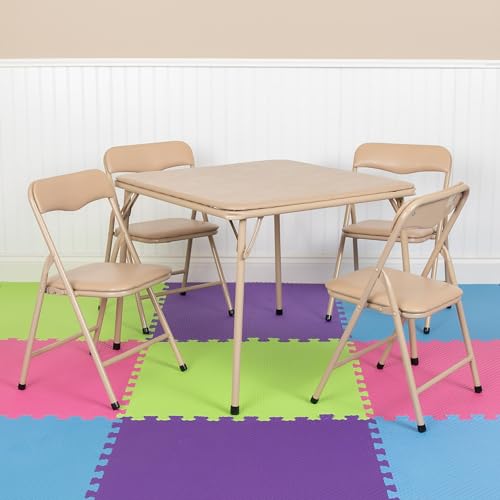 Flash Furniture Mindy Kids 5-Piece Folding Square Table and Chairs Set for Daycare and Classrooms, Children's Activity Table and Chairs Set, Tan | Daycare and Classroom, Children's Activity Table, Portable - color: Tan, size: 5 Piece Set