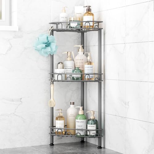 SWTYMIKI Standing Shower Caddy Corner - 3‑Tier Stainless Steel Shower Organizer Shelf with 12 Hooks and Adhesive Pads, Rustproof Corner Shelves Stand Rack for Bathroom Shower Room, Gray - color: Grey