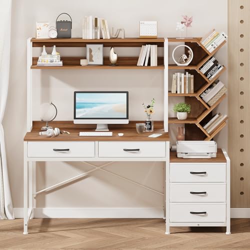 52" Computer Desk with Bookshelf, 5 Drawers ＆ Hutch for Bedroom | Office Desk with Printer Shelf, Study Writing Desk with Storage Shelves, Brown and White - color: Brown and White
