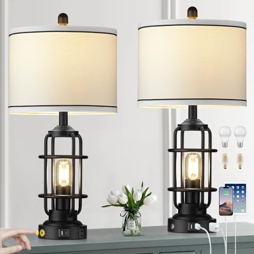Modern Table Lamps, Industrial 3-Way Dimmable Bedside Lamp with USB A+C Ports & AC Outlet, Touch Control Rustic Nightstand Lamp LED Night Light for Living Room Bedroom Decor Home(4 Bulbs Included) - color: Black-1