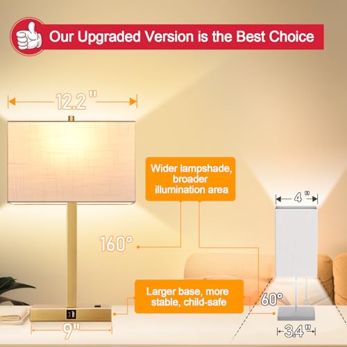 Lynnoland 21" Set of 2 Table lamp with USB A+C & AC Outlets, Touch Control 3-Way Dimmable Nightstand Lamps for Living Room Bedroom Office Reading, Linen Shade Touch Lamps, 3000K LED Bulbs Included - color: (2 Pack) Natural Linen & Brushed Gold (Base)-3000