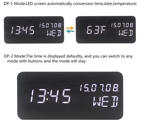 Wood Digital Alarm Clock Desk Time, Date(MM/DD/YY), Day of The Week, Temperature, Nightlight Large LED Display Portable Lamp Bedroom, Office, School, Home, Livingroom, Room (Black) - color: Black