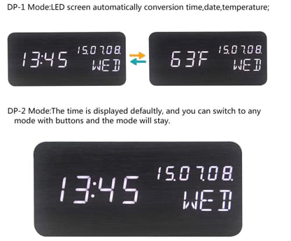 Wood Digital Alarm Clock Desk Time, Date(MM/DD/YY), Day of The Week, Temperature, Nightlight Large LED Display Portable Lamp Bedroom, Office, School, Home, Livingroom, Room (Black) - color: Black