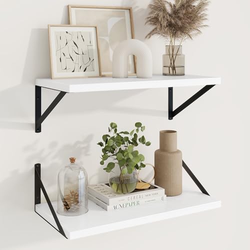 20 Inch Floating Shelves, 10 Inch Deep White Wall Shelves Set of 2 | 20'' x 10'' Rustic Wood Shelves with Heavy Duty Brackets, Deep Shelves for Bathroom, Living Room, Engineered Wood, 35LBS - color: White, size: 20W x 10D