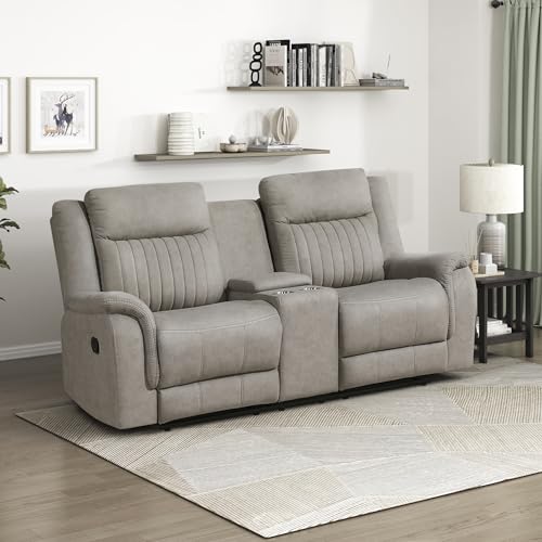 Lexicon 75" W Manual Double Reclining Loveseat with Center Console, Dove | Polished Microfiber Manual Wall Hugger Loveseat Recliner, Cup Holders, for Living Room, Tool Free Assembly - color: Dove, size: Reclining Loveseat
