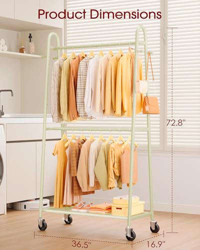Sakugi Clothes Rack 36.5" x16.9" x72.8" Beige Double Rod Mesh Shelf | Heavy Duty,Bedroom, Closet, Triangular Design, Freestanding, Metal Construction - color: Beige