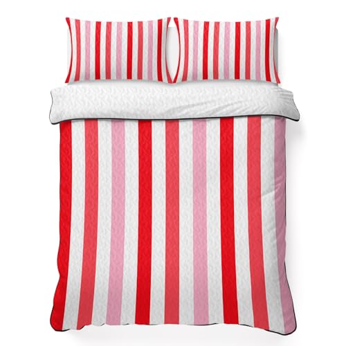 Modern Red Pink Stripe Quilt Set Twin Size, Lightweight Summer Bedspread,Abstract Minimalist Line Soft Coverlet Bedding Set for All Season - 3 Pieces (1 Quilt,2 Pillow Shams) - color: Pink Red, size: Twin