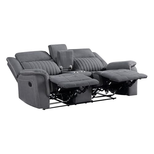 Lexicon 75" W Manual Double Reclining Loveseat with Center Console, Gray | Polished Microfiber Manual Wall Hugger Loveseat Recliner, Cup Holders, for Living Room, Tool Free Assembly - color: Grey, size: Reclining Loveseat
