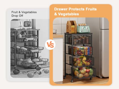 4-Tier Fruit Vegetable Storage Cart - Kitchen Organizer and Storage Cart with Wheels, Wooden Top Metal Wire Fruit Vegetable Rack Stand with Drawers to Storage Cans Snacks for Kitchen(Patent Pending) - size: 4-Tier