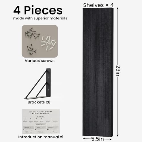 BAYKA Wall Mounted Floating Shelves, Wood Floating Wall Shelf for Books & Decor, Small Space-Saving Display & Organizer（Black，23in，Set of 4） - color: A. Black Board & Black Brackets, size: 23-inch
