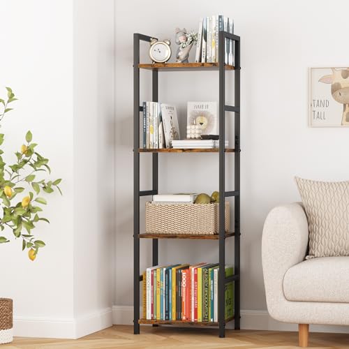 4 Tier Bookshelf, Narrow Storage Organizer for Small Space, Brown | Heavy-duty steel frame, 4 open shelves, Anti-slip feet, Easy assembly, Industrial Storage for Living room, Bedroom - size: 4 Tier