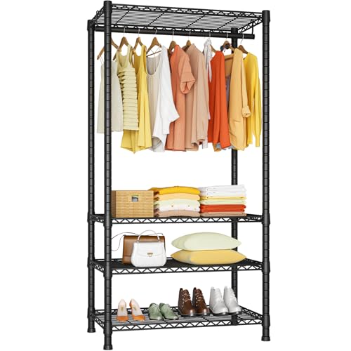 H2 Heavy Duty Clothes Rack, Freestanding 4 Tiers Garment Rack for Hanging Clothes with Shelves and Hangers, Closet Organizers and Storage Metal Closet Wardrobe System, Max Load 500 LBS, Black | Metal Closet System for Hanging Clothes with Shelves and Hang
