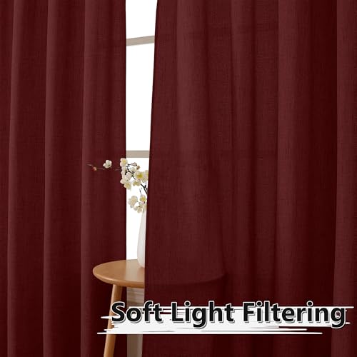 Tollpiz Short Linen Tier Curtains Rod Pocket Semi Sheer Half Kitchen Curtain Burlap Light Filtering Thick Linen Drapes for Bathroom, 30 x 24 inches Long, Burgundy Red, Set of 2 Panels - color: Burgundy Red, size: 30"W x 24"L (Pack of 2)