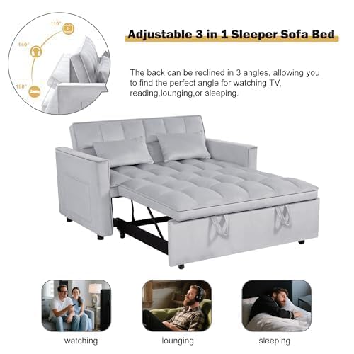 Sleeper Sofa Bed with Adjustable Backrest & Side Pockets, Gray | Adjustable Backrest & Side Pockets,Pull Out Sofa,Comfortable Fabric - color: S-light Gray-gw
