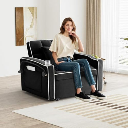 Sleeper Sofa Chair Bed 3 in 1 with Charging Ports, Phone Holder & Cup Holders - Modern Velvet Convertible Pull Out Single Sofa Bed for Small Spaces, Apartment, Dorm (Black) - color: Black