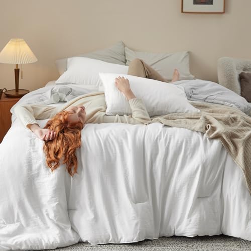 Bedsure Queen Size Comforter Set, Reversible White Soft Prewashed Bedding for All Seasons, 3 Pieces Warm Down Alternative Bed Set, 1 Lightweight Comforter (90"x90") and 2 Pillowcases (20"x26")