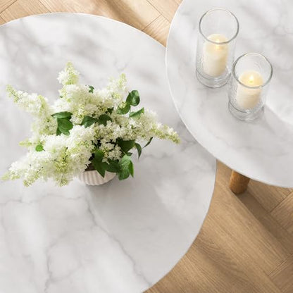 Nesting Coffee Table Set of 2, Marble Top, 2-Tone, Round End Tables | 1.2" Thick Faux Marble Top, Mid-Century Modern Style, Use as Nesting Table, Tea Table, Sturdy MDF, 20-Min Quick Assembly - color: Marble
