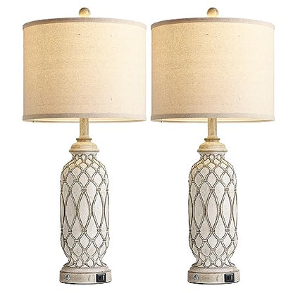 Farmhouse Table Lamps for Bedroom Set of 2, 28" Rustic Bedside Lamp with USB Ports, 3-Way Dimmable Nightstand Table Lamp for Living Room - color: 1.off white