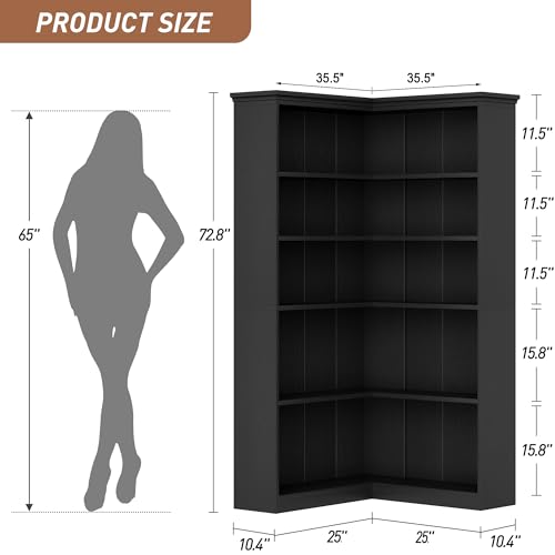 IDEALHOUSE Corner Bookshelf 72.8in Farmhouse Bookcase Large Bookshelf Wood Bookcase Tall 5 Tier Corner Shelf L Shaped Bookshelfs Storage Display Rack Living Room Bedroom (Black Full Panel) - color: Black, size: Full Panel