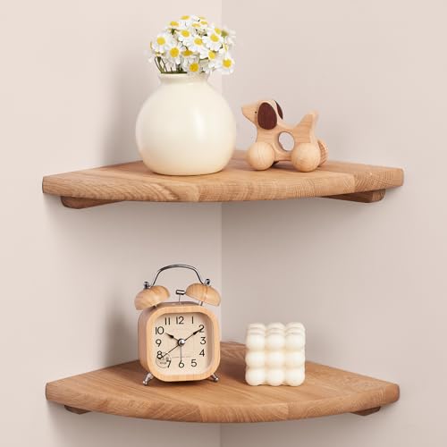Gieanoo Floating Corner Shelves for Wall Set 2 10inch Solid Oak Rounded Corner Shelves Wall Mounted with Cable Hole Wood Corner Hanging Shelves for Living Room Bedroom Bathroom Kitchen - color: Natural, size: 10in 2-Pack