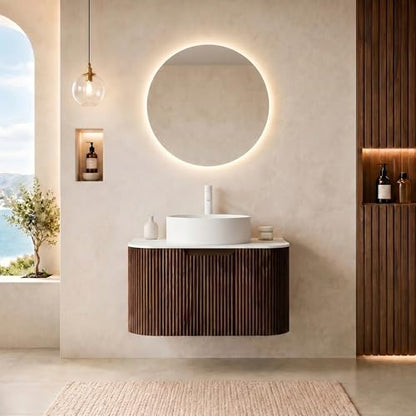 24” Floating Bathroom Vanity with Sink, Fluted Wall-Mounted Solid Wood Cabinet, White Ceramic Round Basin, Faux Marble Top, Soft-Close Drawer, Pre-Assembled, Walnut Woodgrain - color: 04 - Walnut Woodgrain, size: 24"