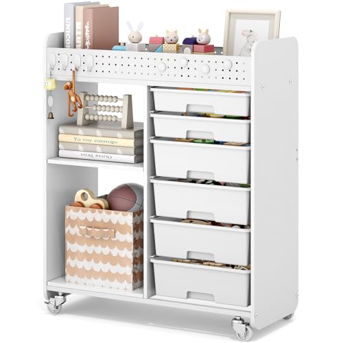 Rolling Craft Cart with 6 Drawers, Pegboard and Locking Wheels White | Ample multi-zone storage, 2 open shelves, art cart for classrooms, homeschool and offices, sturdy wood-metal frame - color: White