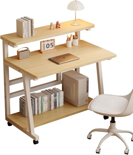 31.5 Inch Rolling Computer Desk for Small Spaces, Monitor Stand & 3-Tier Storage with Lockable Wheels, Easy Assembly for Bedroom, Dorm & Apartment - color: Color: Frame：white/Board：teak, size: 31.5“*19.7”