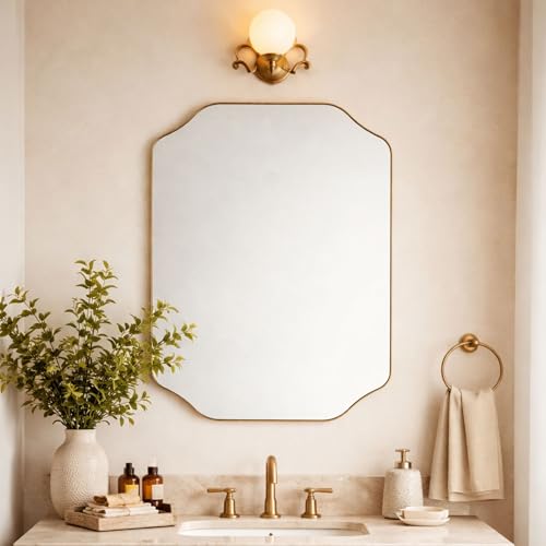 TEHOME Scalloped Gold Bathroom Mirror Decorative Brushed Brass Metal Framed Irregular Bathroom Vanity Mirror 24x32'' - color: Brushed Gold, size: 32"L x 24"W
