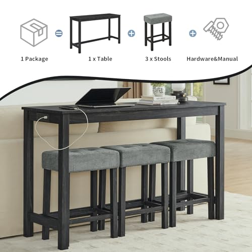 59" Industrial 4 Piece Bar Table Set with Built-in Power Outlet, Behind Couch Sofa Table with 3 Linen Upholstered Stools, Bar Table and Chairs Set for Living Room, Dining Room, Lounge, Black - color: R2-black