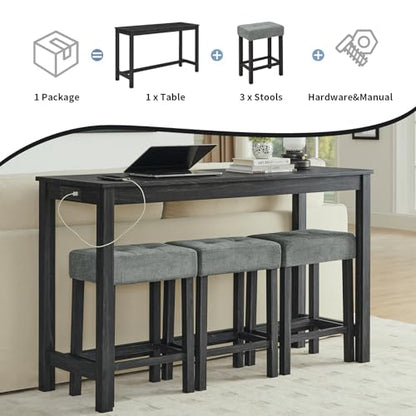 59" Industrial 4 Piece Bar Table Set with Built-in Power Outlet, Behind Couch Sofa Table with 3 Linen Upholstered Stools, Bar Table and Chairs Set for Living Room, Dining Room, Lounge, Black - color: R2-black