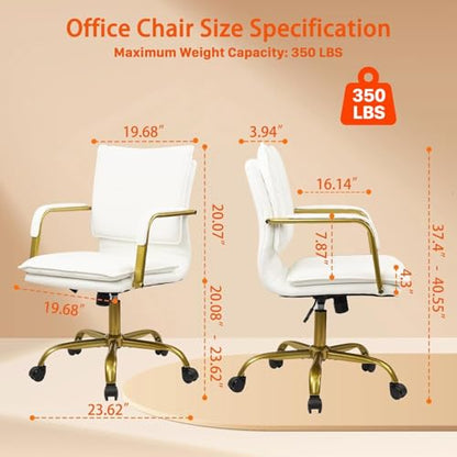 CLATINA Leather Home Office Desk Chair, Swivel Mid-Back Computer Chair with Golden Legs and Arms, Comfy Upholstered Task Chair with Wheels, White - color: White