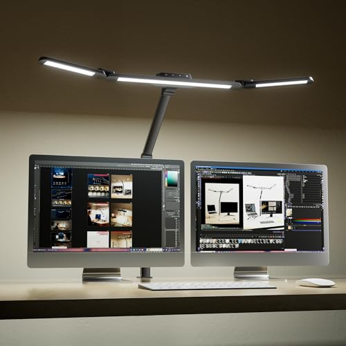 Honeywell Wide Desk Lamp with Clamp for Dual Monitors, 22W Full-Spectrum Eye-Caring LED Desk Lamp for Home Office, 3-Section Adjustable Architect Light for Large Desk, Stepless Dimming, 3000K-5700K
