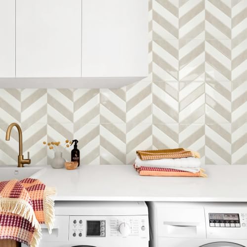 STICKGOO Herringbone Peel and Stick Backsplash, White & Beige, 10 Sheets | 12.6 x 9.7 in, Thicker Rectangular Vinyl Stick-On Wall Tiles, Easy Alignment, Waterproof, Easy to Clean, Kitchen/Bathroom - color: White & Beige, size: Pack of 10