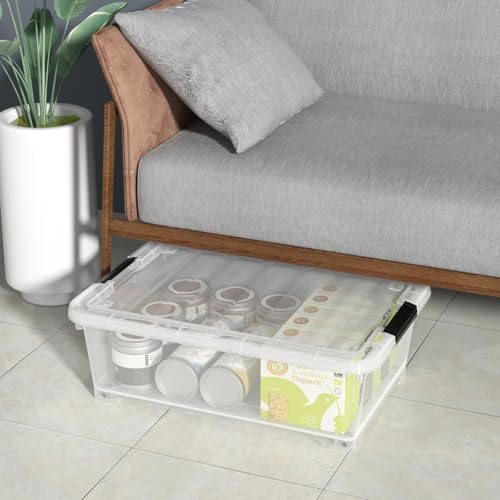 20 Quart Stackable Plastic Underbed Storage Bins with Lid, 4-Pack | Clear Flat Underbed Storage Containers Boxes with Wheels - size: 20 Quart