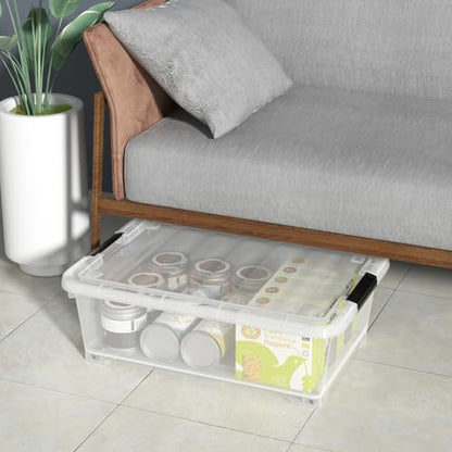 20 Quart Stackable Plastic Underbed Storage Bins with Lid, 4-Pack | Clear Flat Underbed Storage Containers Boxes with Wheels - size: 20 Quart