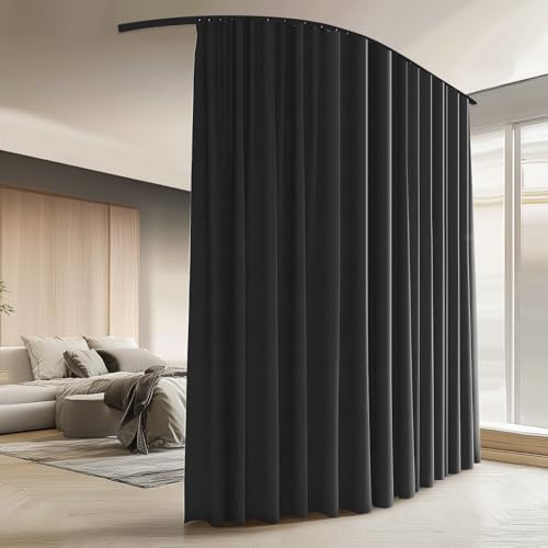 Room Divider Curtains with Ceiling Curtain Track Set Window Curtain for Bedroom,Living Room Total Blackout Thermal Insulated Privacy Ceiling Track Curtain W 15 × H 9 FT Black drape&Black track - color: Black, size: 180"W x 108"L (Pack of 1)